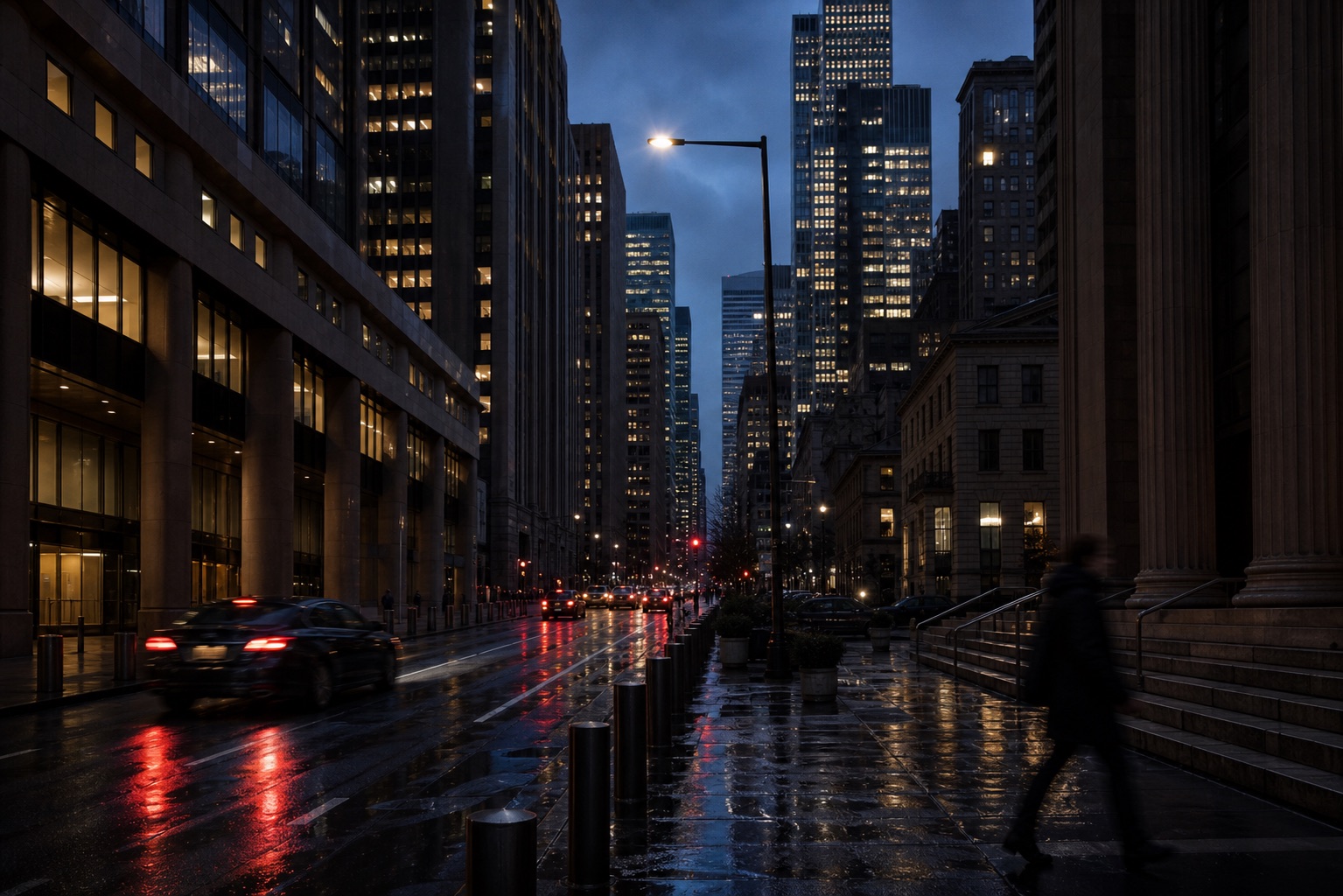 New York business district at blue hour