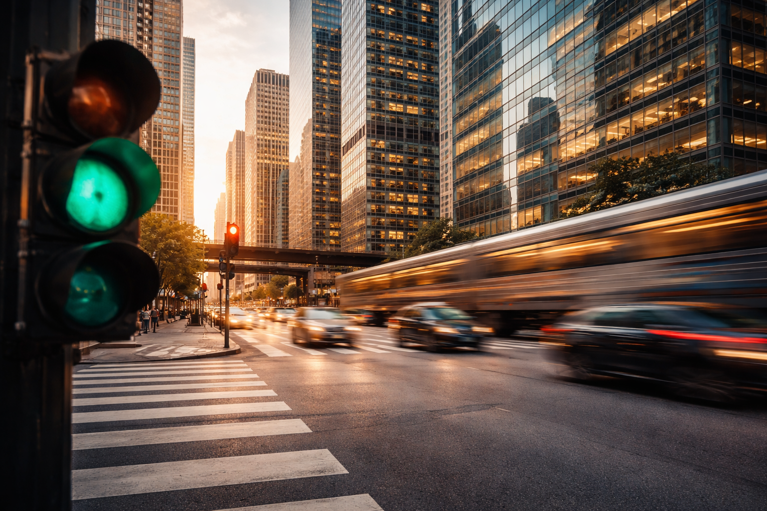 A financial district in motion at the centre of a modern city