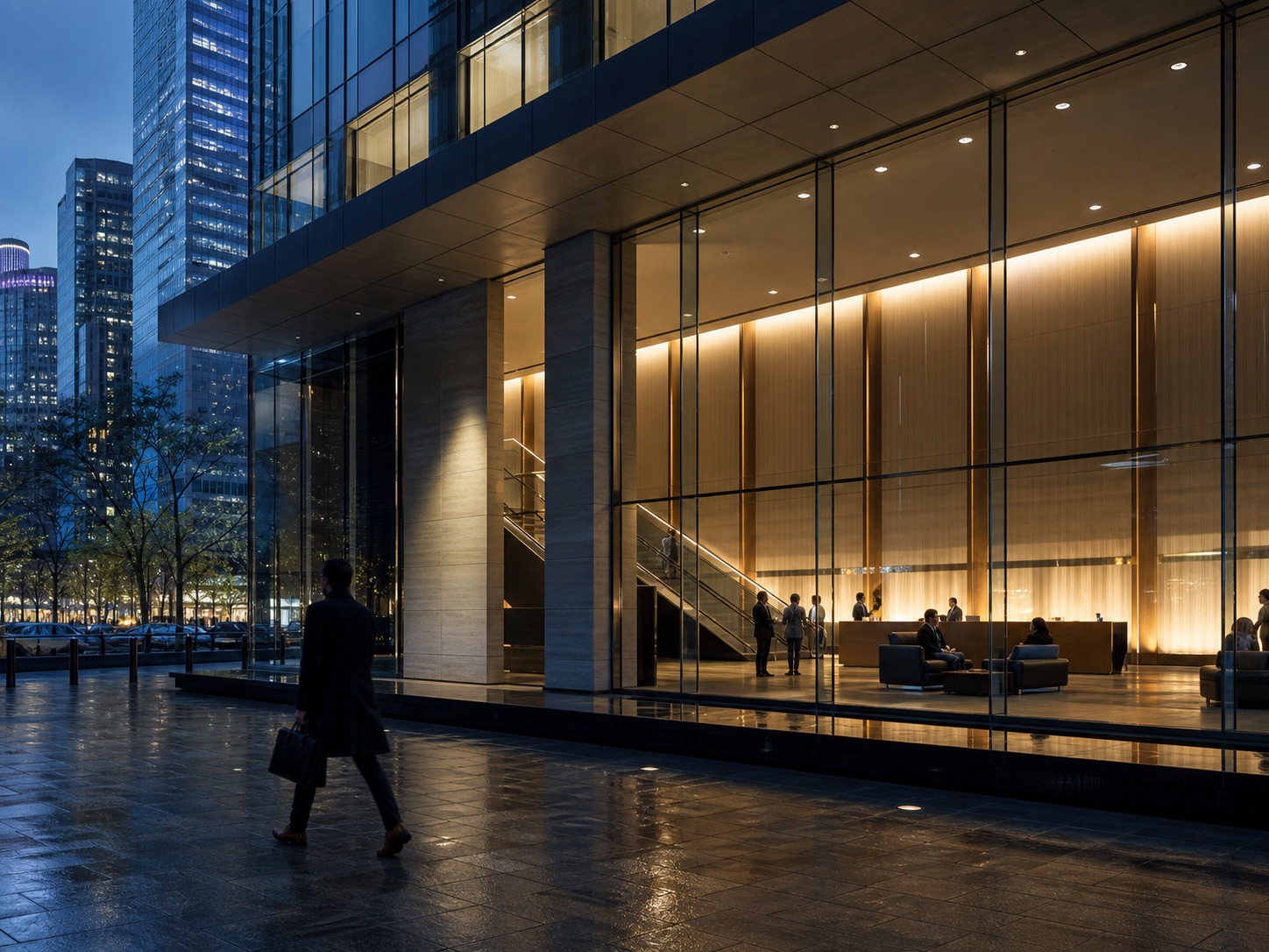 A contemporary financial institution illuminated at blue hour