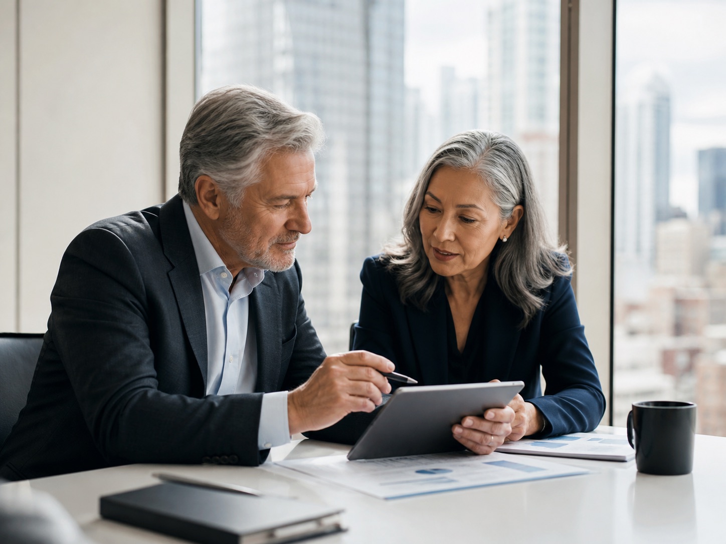 Two senior professionals reviewing a financial plan together