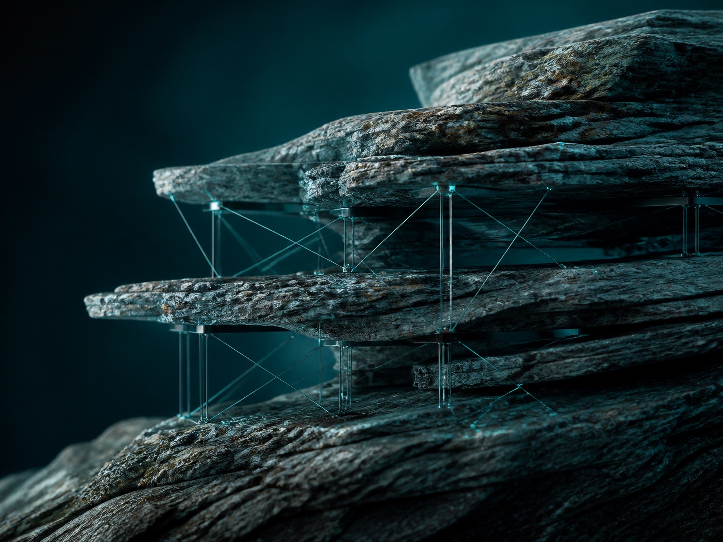 Layered stone forms reinforced by precise structural connections
